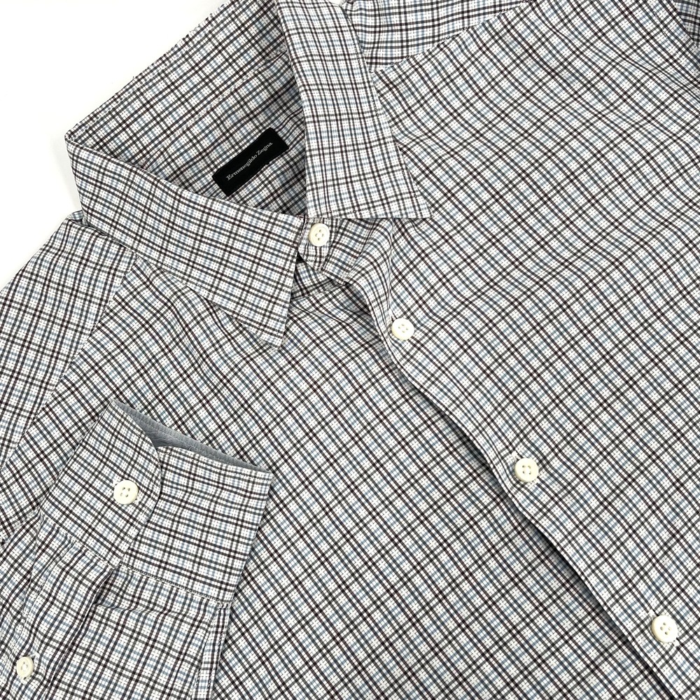 ERMENEGILDO ZEGNA Men's Sz Large White Plaid Long-Sleeve Button-Down Shirt-READ!